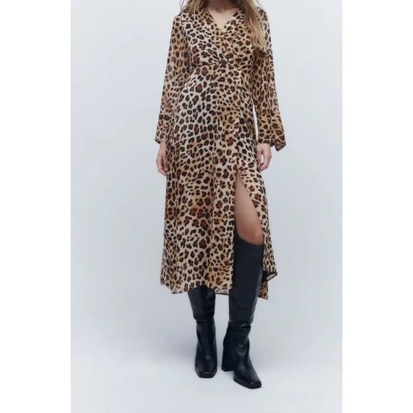 Zara Leopard Animal Print Midi Dress Surplice V-Neck Size Large - Picture 2 of 11